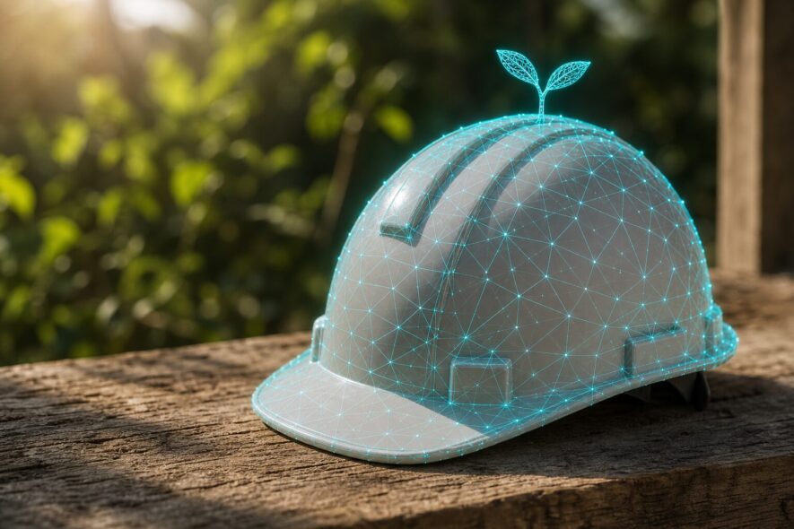 A hardhat with a digital line overlay and a seedling growing from the top of the hat