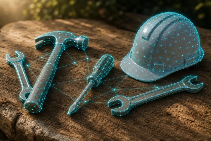 A picture of a hardhat and various tools on a workbench with a digital line overlay covering them.