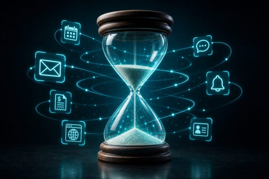 Digital image of an hourglass with various icons surrounding it.