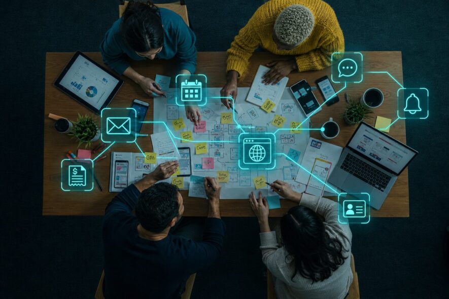 Looking down of a table of people working together with a overlay of digital icons