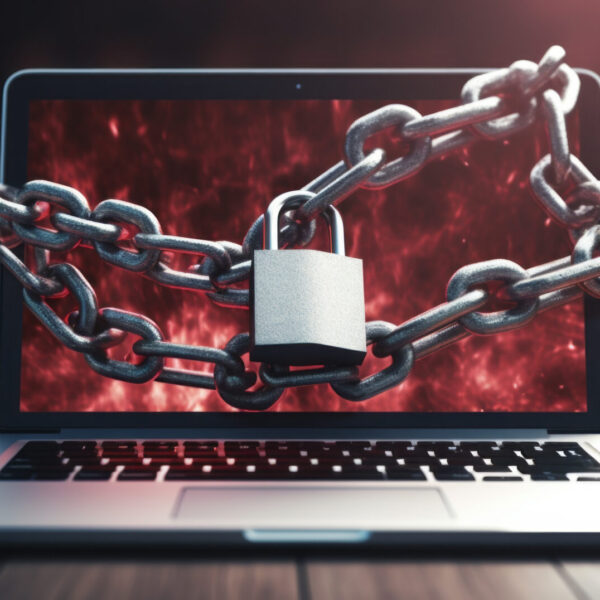 A laptop which has been chained up. Locked out of computer. Ransomware, cyber security, cryptolocker. Online danger. Virus scanner. Malware. Out of service. Call support.