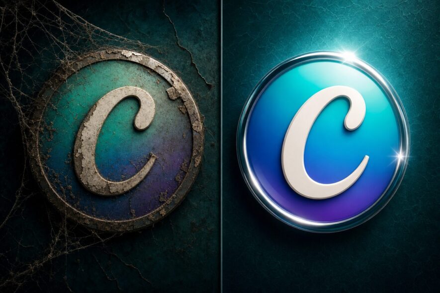 two canva logos side by side, the first is covered in dust and the second is shiny and new to visually show the canva being tidied