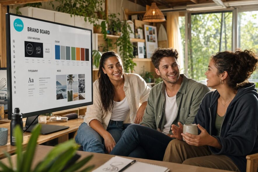 A group of people looking at a screen showing an open brand document.