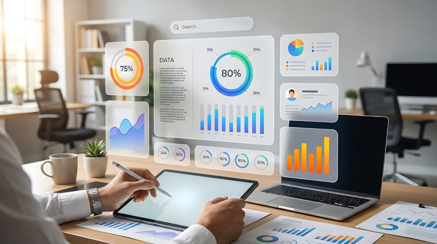 Business analyst analyzing financial data and charts on a futuri