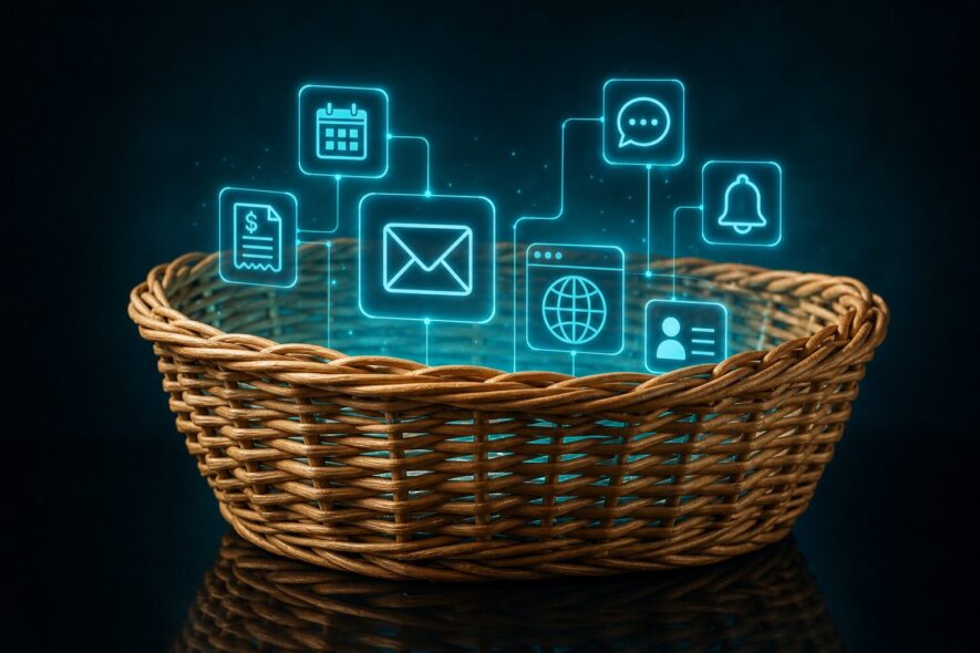 A wicker basket holding digital icons