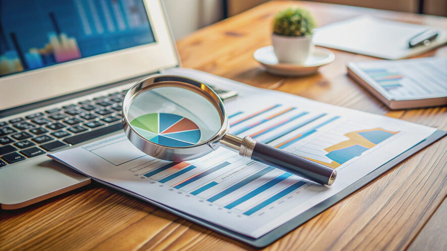 Magnifying glass on a desk amidst papers, laptop, and SEO analyt