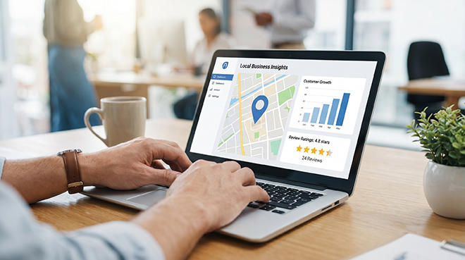 Open laptop displaying a map based local business insights dashb