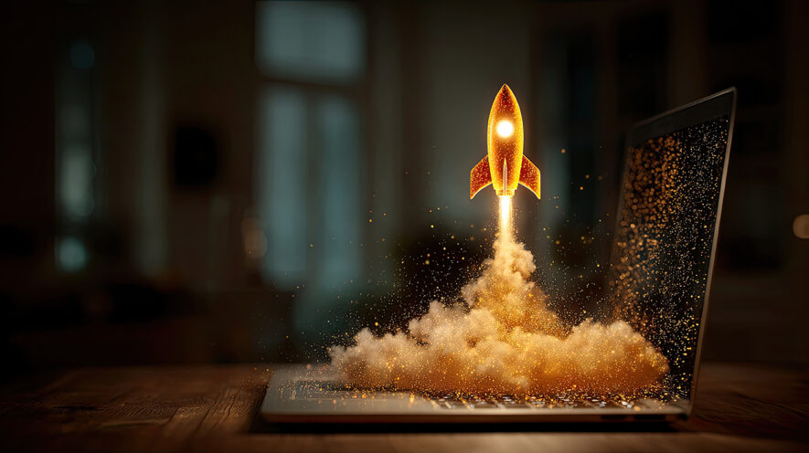 Digital rocket launching from a laptop screen, symbolizing SEO success
