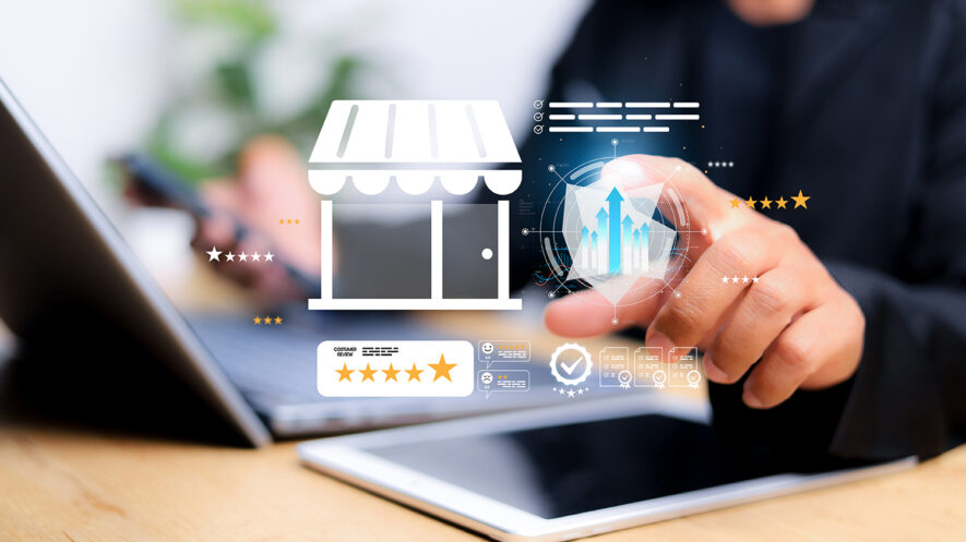 Customers review the online shopping platform. Local business re