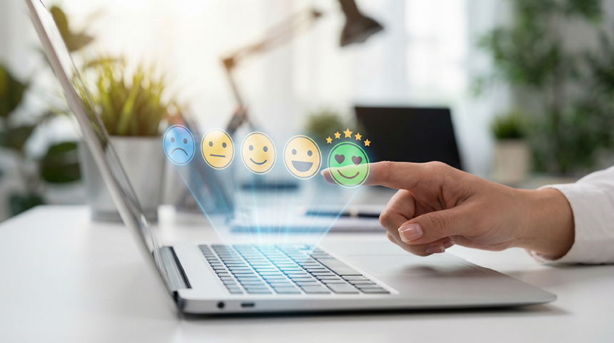 Hand touching glowing happy face emoji on laptop screen