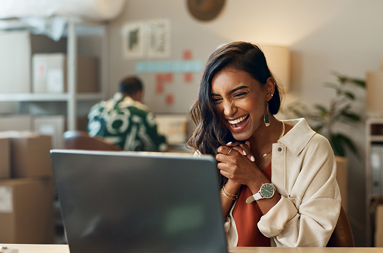 Woman, happy with new website