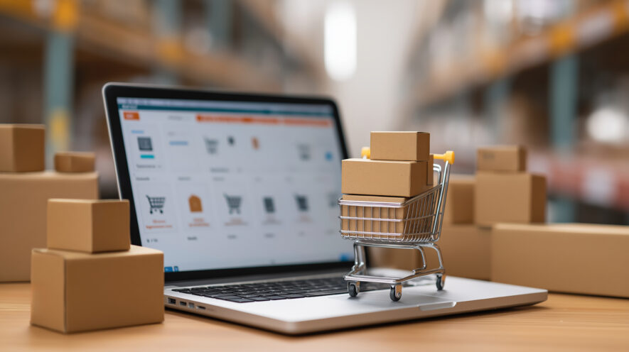 Laptop with shopping cart, delivery boxes, e commerce