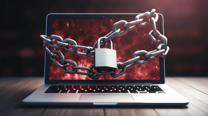 A laptop which has been chained up. Locked out of computer. Ransomware, cyber security, cryptolocker. Online danger. Virus scanner. Malware. Out of service. Call support.