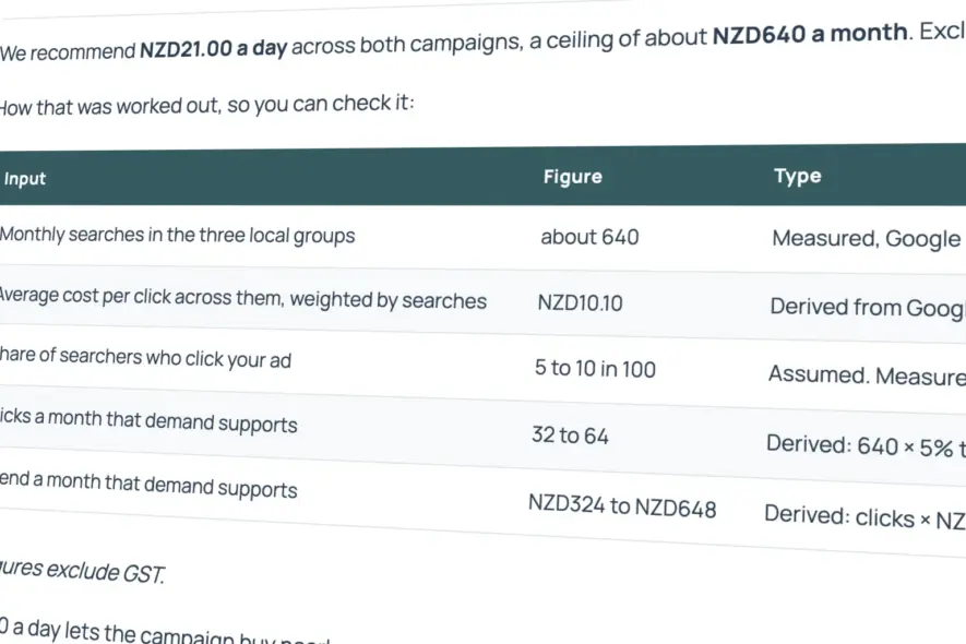 Sample page from a Seed Studio Technical Keyword Report: what the Google Ads plan costs