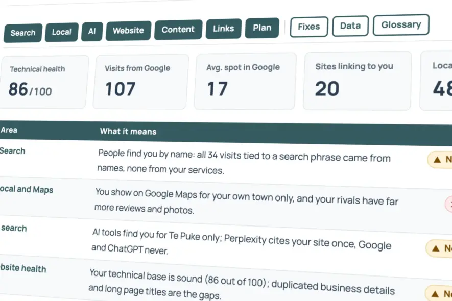 Sample page from a Seed Studio Technical SEO Report: health scores and status by area